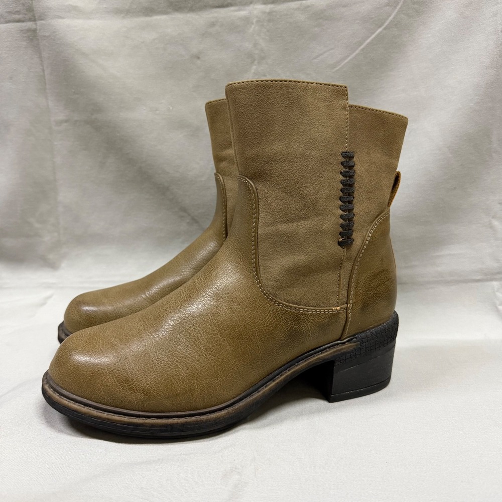 Muk Luks Womens Tan Faux Leather Faux Fur Lined Ankle Boots Block Heel Size 8